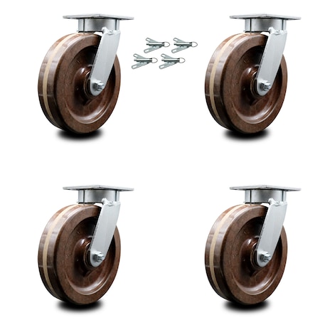 Service Caster 8 Inch Kingpinless High Temp Phenolic Wheel Swivel Caster Set with Swivel Locks SCC-KP30S820-PHRHT-BSL-4